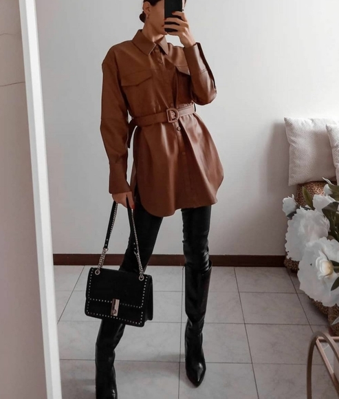 ZARA NWT BRANDY BELTED FAUX LEATHER SHIRT Bloggers - Picture 7 of 16